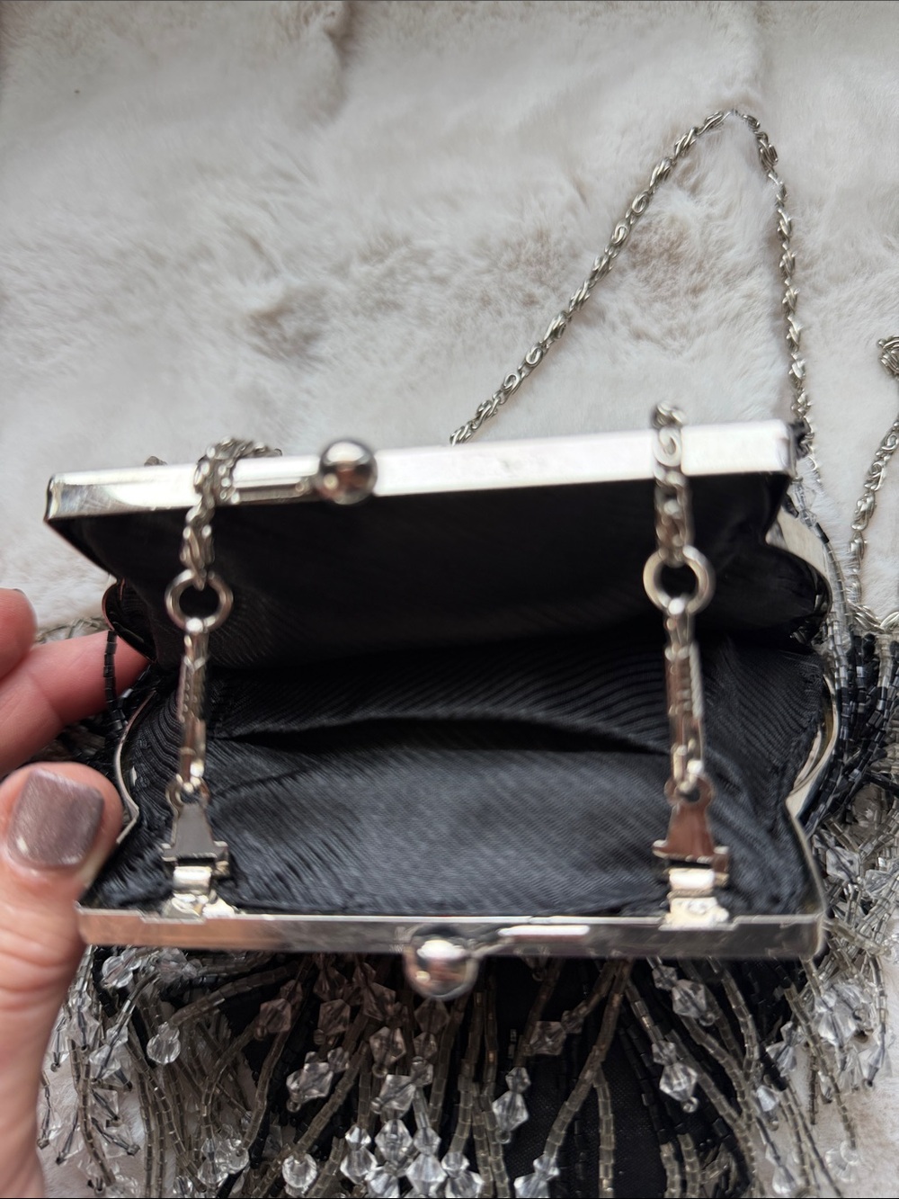 Vintage Beaded Fringe Evening Bag - Black/Silver - Picture 3 of 9